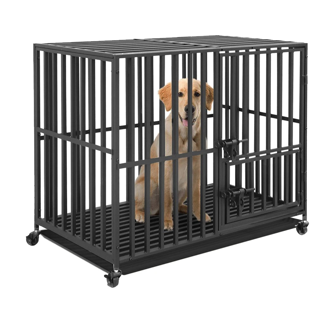 Heavy Duty Dog Crate with Double Doors, Removable Tray, and Wheels