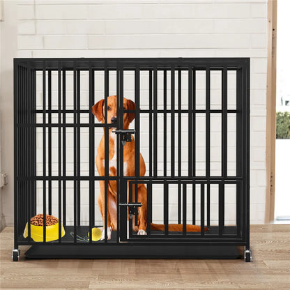 Heavy Duty Dog Crate with Double Doors, Removable Tray, and Wheels