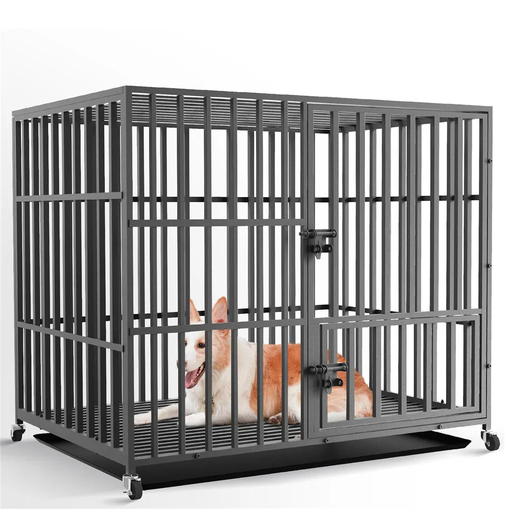 Heavy Duty Dog Crate with Double Doors, Removable Tray, and Wheels