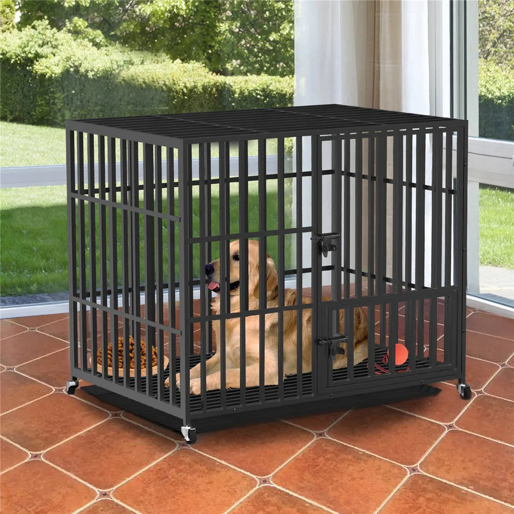 Heavy Duty Dog Crate with Double Doors, Removable Tray, and Wheels