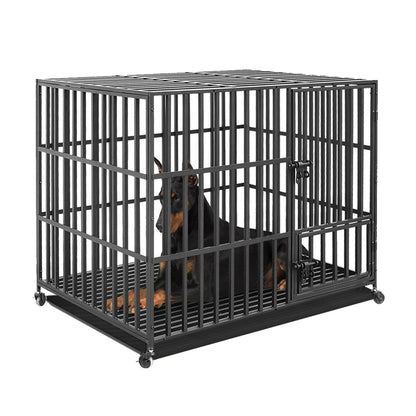 Heavy Duty Dog Crate with Double Doors, Removable Tray, and Wheels