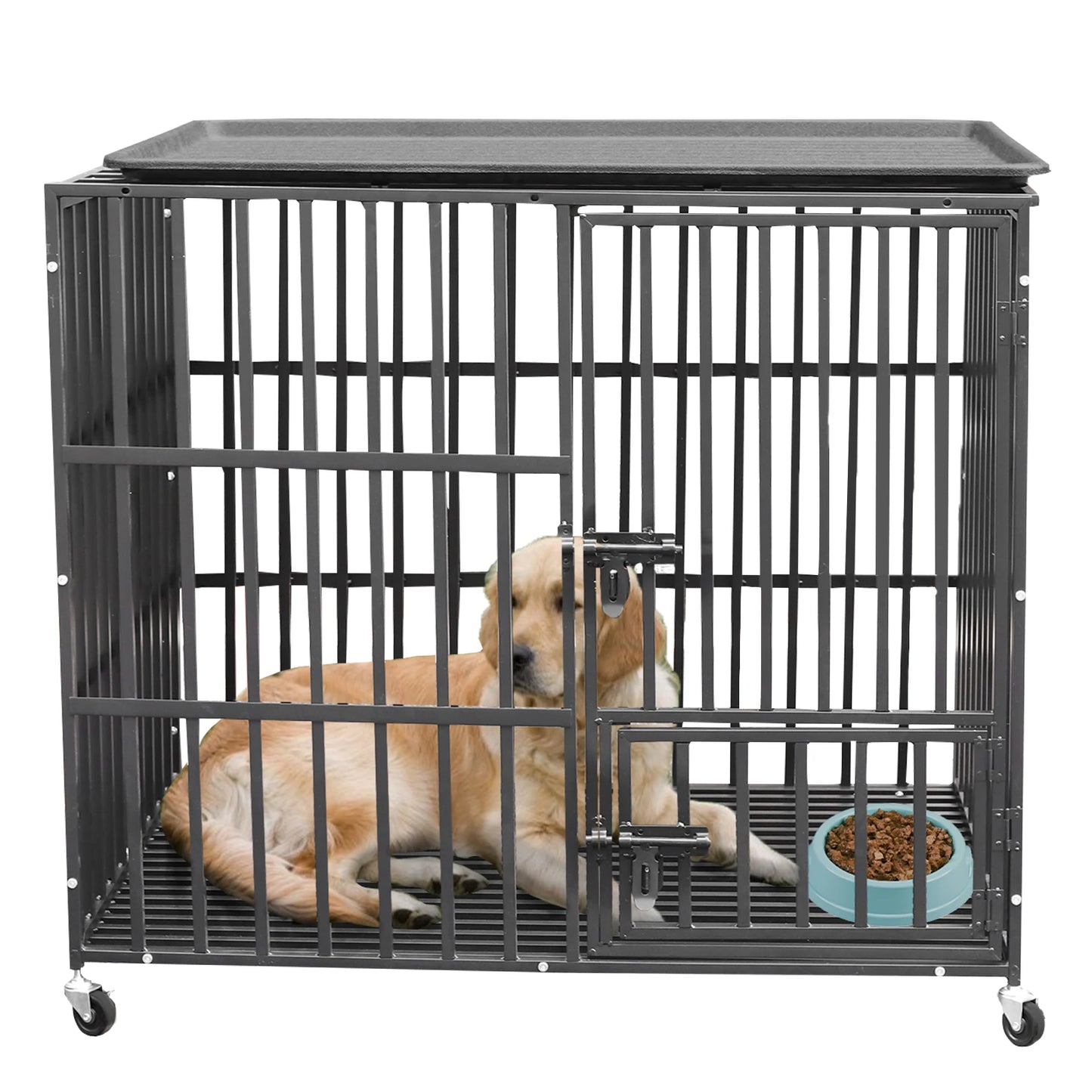 Heavy Duty Dog Crate with Double Doors, Removable Tray, and Wheels