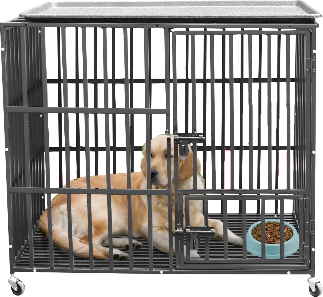 Heavy Duty Dog Crate with Double Doors, Removable Tray, and Wheels