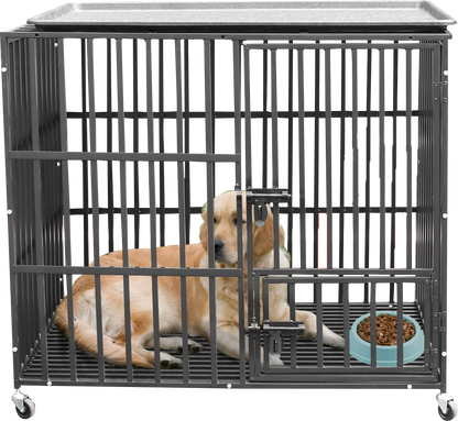 Heavy Duty Dog Crate with Double Doors, Removable Tray, and Wheels