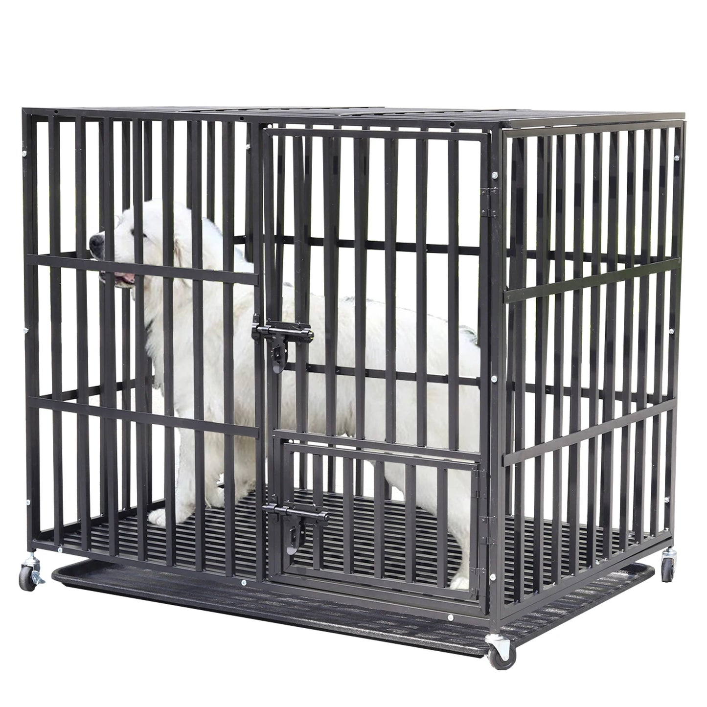 Heavy Duty Dog Crate with Double Doors, Removable Tray, and Wheels