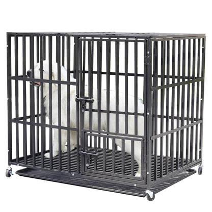 Heavy Duty Dog Crate with Double Doors, Removable Tray, and Wheels